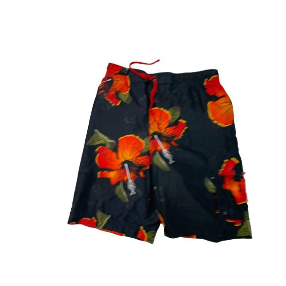 Urban Pipeline Boys Medium 10 12 Swim Trunks Shorts Hibiscus Black Red Orange Ca - Picture 2 of 3